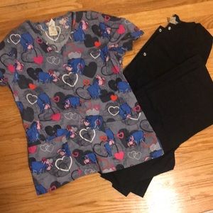 Black scrub set with Eeyore & piglet top